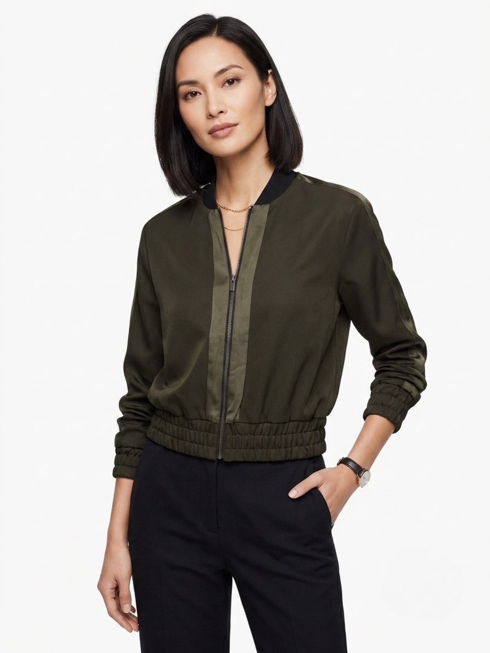Club Monaco Olive Green Satin Trim Bomber Jacket XS Sophisticated Minimalist